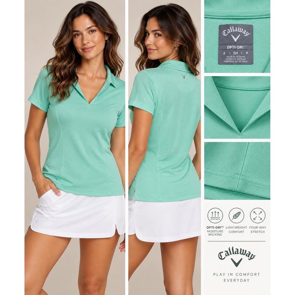 Callaway Opti-Dri Women Golf Polo Aruba Blue Short Sleeve V-Neck Shirt S CGW744S